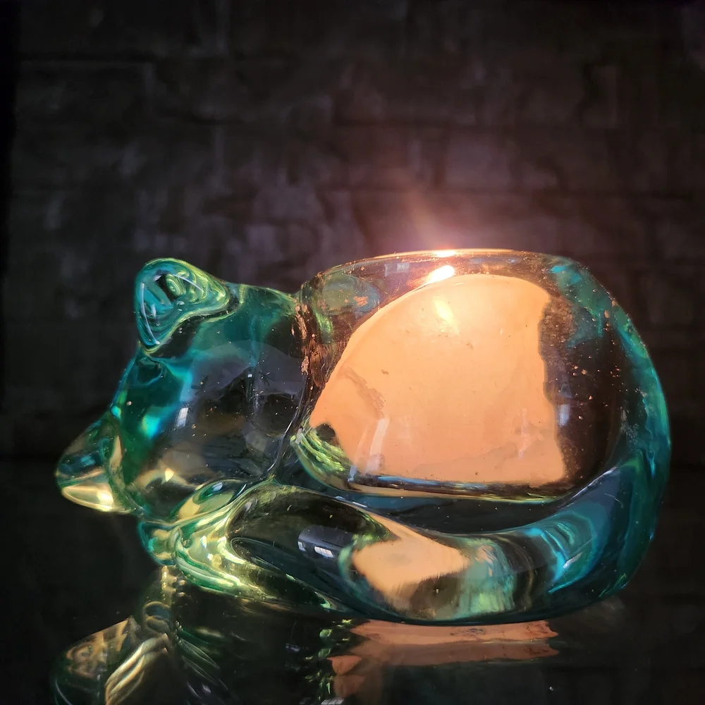 Indiana Glass Aqua/Teal Candle Lane Critters Sleeping Cat Candle Holder #3896